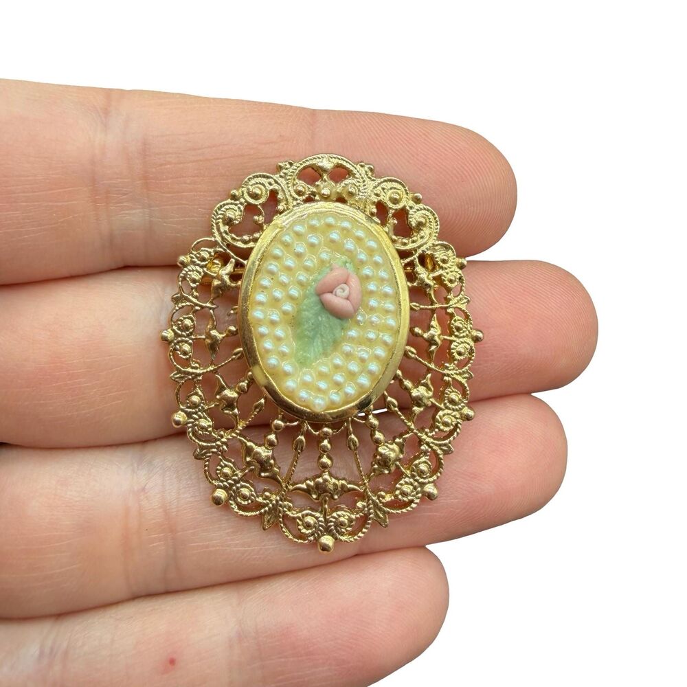1928 Jewelry Company Porcelain Rose Oval Brooch, Victorian Style